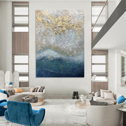 “Textured Gray - Gold Abstraction” - Gray, Gold & Blue Impasto Painting On Canvas DKH0958