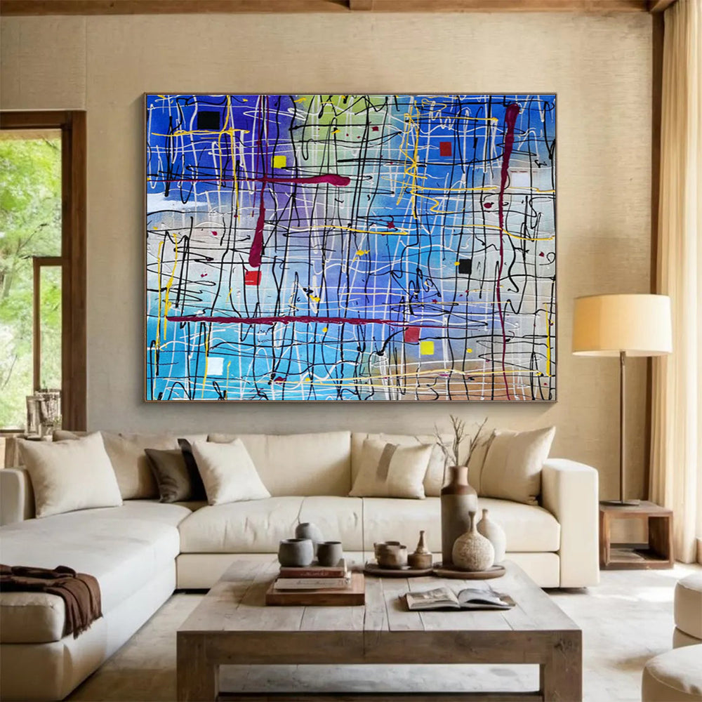 “Colorful Line Grid Abstract” - Vibrant Abstract Painting On Canvas DKH849