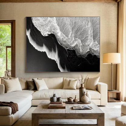 “Black - White Ocean Wave Abstraction” Abstract Seascape Painting On Canvas DLZ075