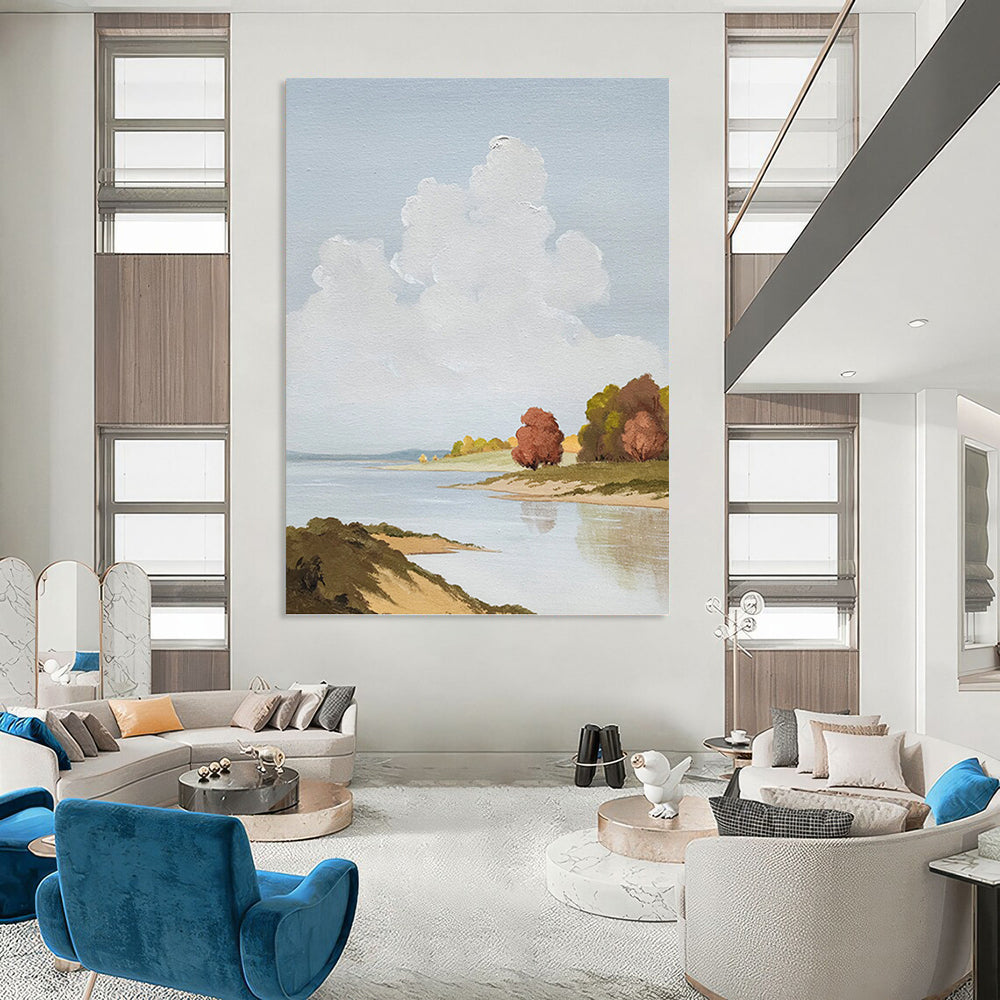Serene Riverbank in Soft Blues and Greens - Landscape Painting On Canvas DKH1436
