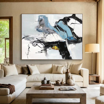 Blue, Black, White, Yellow & Gray Abstract Forms, “Energetic Balance” - Impasto Abstract Painting CT0782
