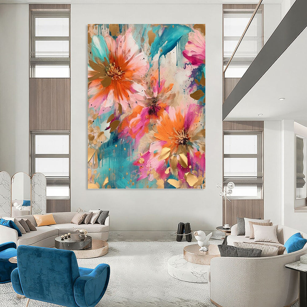 “Teal & Gold Floral Splash with Drips” - Modern Abstract Flower Painting On Canvas DKH1598