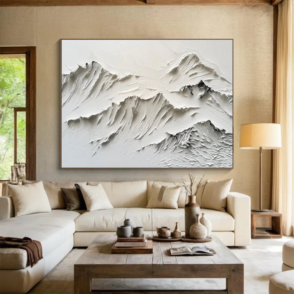 “White Textured Mountain Relief” Impasto Abstract Sculptural Painting On Canvas DKH459