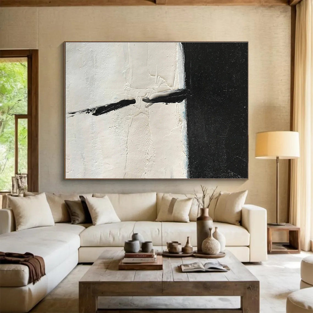 Bold Divide Black and White Textured Abstract Painting On Canvas DKH177