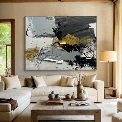 “Gray - Black - Gold Abstract Fusion” ，Abstract Acrylic Painting CT0792
