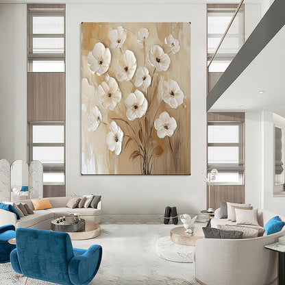 “Textured White Flowers on Beige” – Impasto Floral Oil Painting On Canvas CT2155