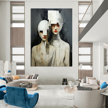 “Cubist Human Figures” - Gray & White Abstract Portrait Painting On Canvas CT2203
