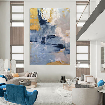 “Blue - Gold Abstract Cascade” - Blue, Gold, Gray Abstract Painting On Canvas DTP253