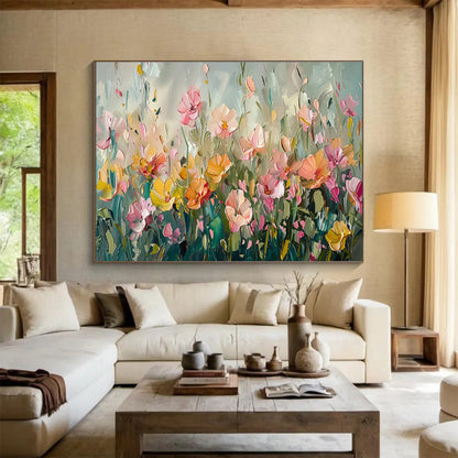 “Pastel Flower Field” - Soft - Hued, Textured Floral Impressionistic Painting On Canvas DKH709