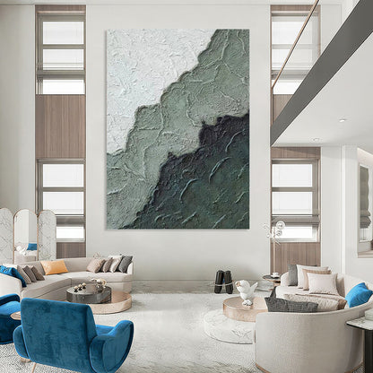 “Textured Green & Gray Mountains” - Green, Gray & Black Textured Abstract Landscape Painting On Canvas DKH1212