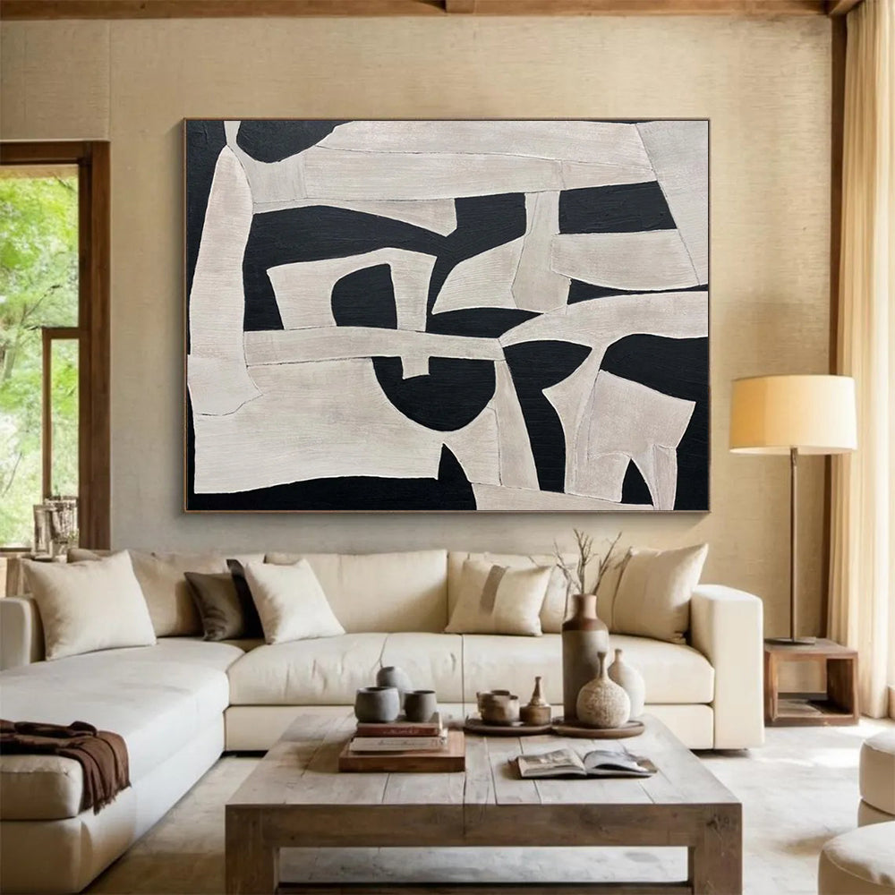 “Monochrome Geometric Shapes” Abstract Cubist Painting On Canvas DLZ093