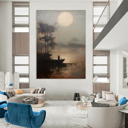 “Moonlit Lake Fisherman” – Atmospheric Landscape Oil CT2094