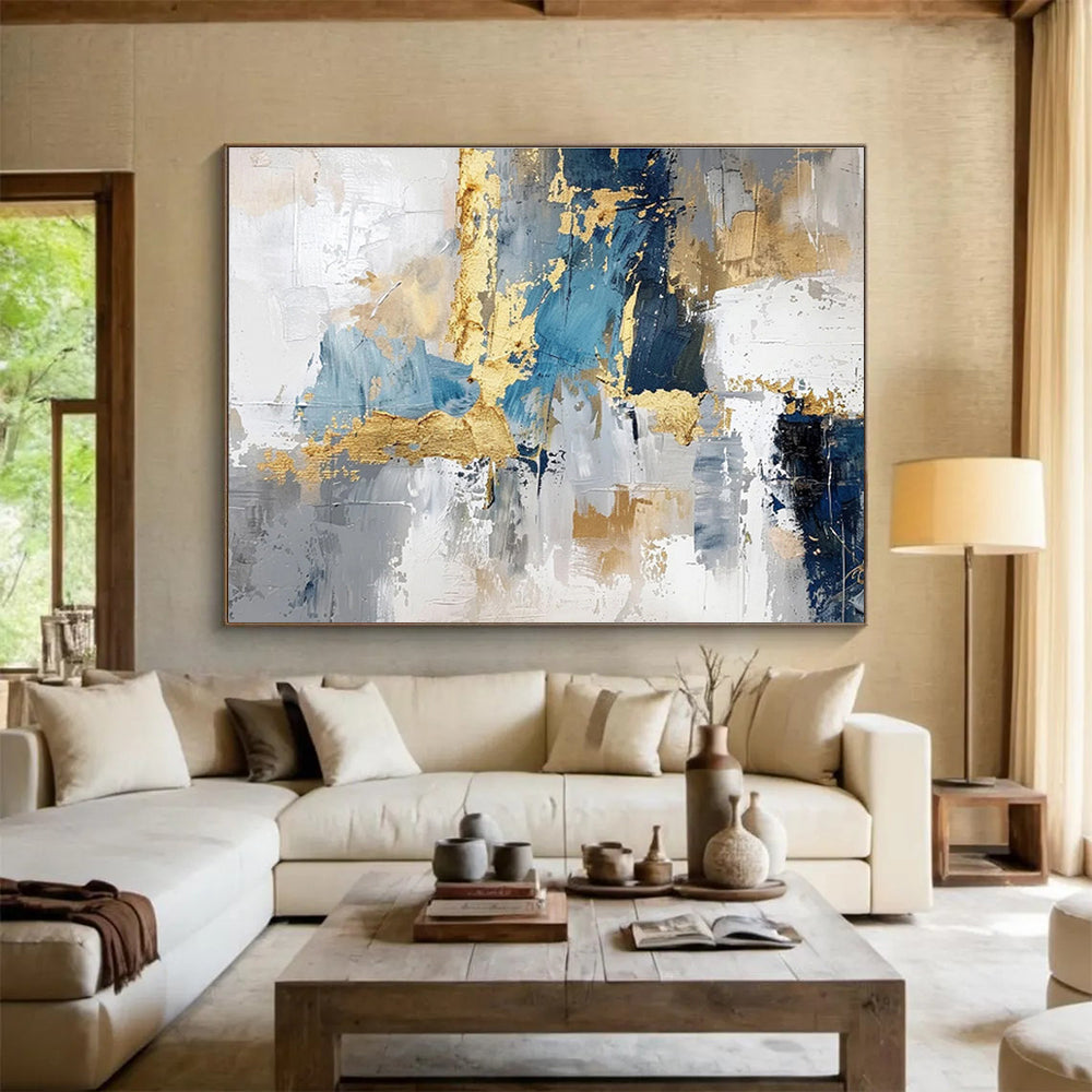 “Blue, Gray & Gold Abstract Fusion” Abstract Textured Painting On Canvas DKH344