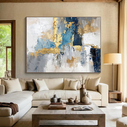 “Blue, Gray & Gold Abstract Fusion” Abstract Textured Painting On Canvas DKH344
