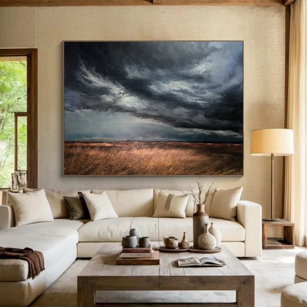 “Stormy Gray Sky Over Golden Fields” - Dramatic Landscape Painting On Canvas DKH772