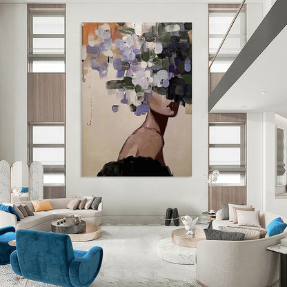 “Flower - Headed Figure” - Purple, Green, Beige Figurative Painting On Canvas DTP309