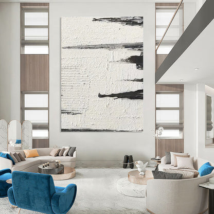 “White, Black Textured Strokes ‘Subtle Motion’” - Impasto Abstract Painting On Canvas DTP384