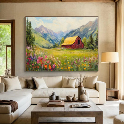 “Mountain Barn Paradise” - Green, Yellow, Pink Landscape Oil Painting On Canvas DKH727