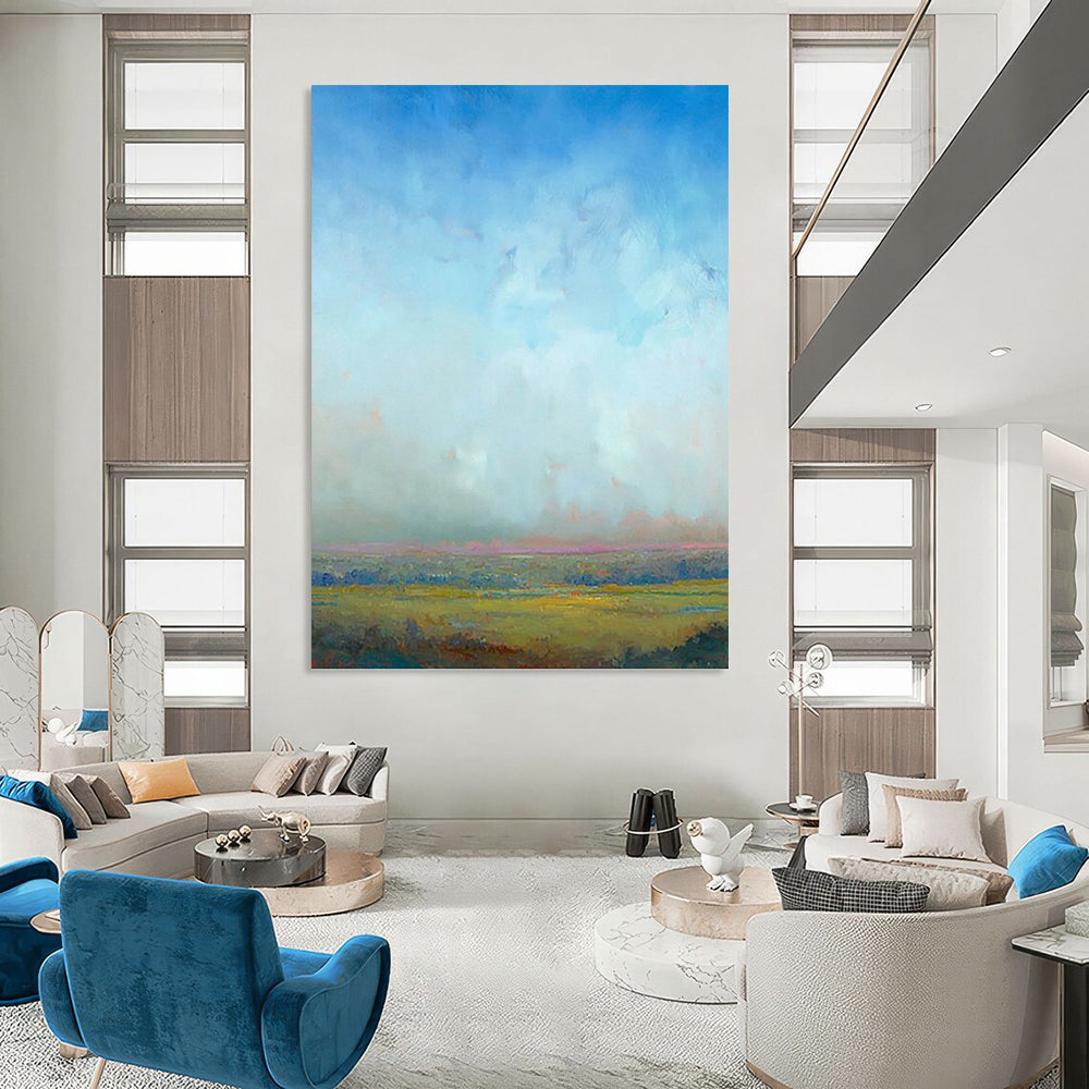 “Soft Sky and Golden Fields” - Blue, Green & Yellow Landscape Painting On Canvas DKH0935