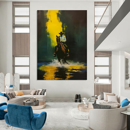 “Cowboy on Horse in Yellow - Green” - Dramatic Western - Inspired Painting On Canvas DTP104