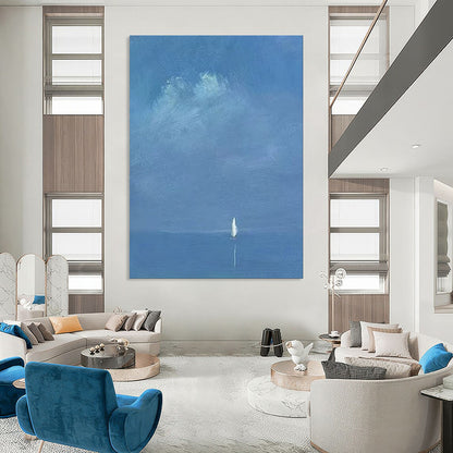 “Distant Voyage: Tiny Sail on Vast Blue” - Abstract Nautical Oil on Canvas CT1879