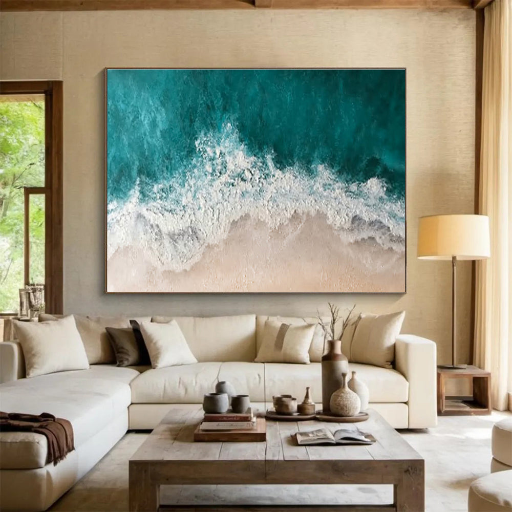 “Aerial Coastline” - Turquoise, White, Beige Seascape Textured Painting On Canvas DKH699