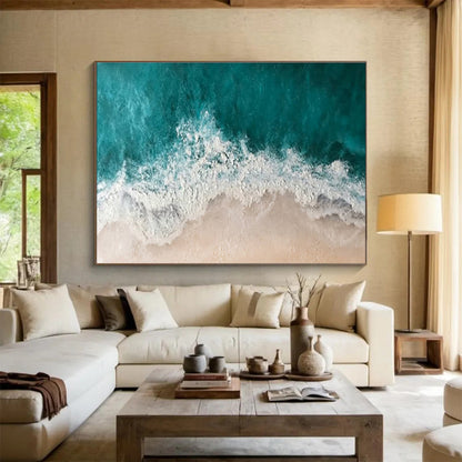 “Aerial Coastline” - Turquoise, White, Beige Seascape Textured Painting On Canvas DKH699