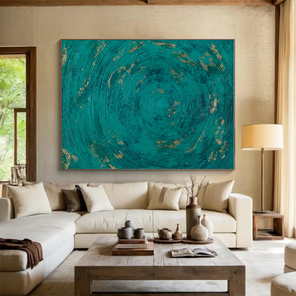 “Teal Circles with Gold” ，Minimalist Abstract Acrylic Art CT0902