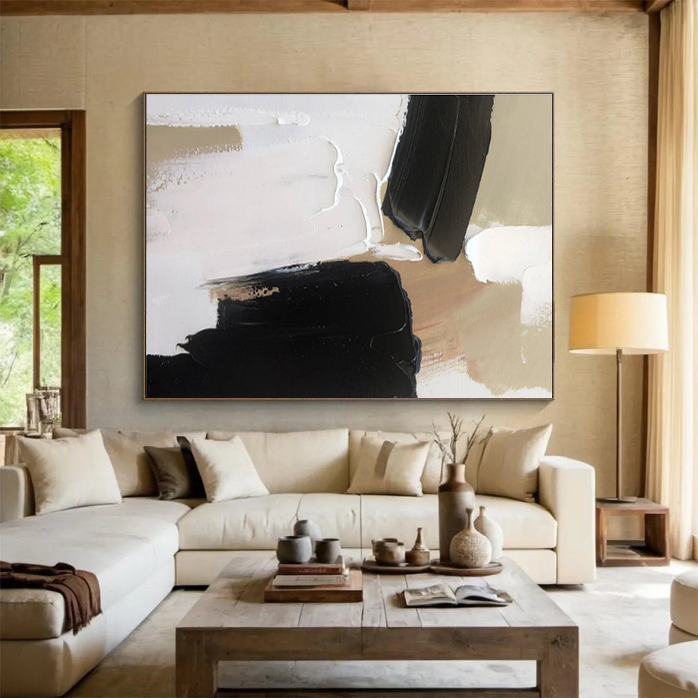 Bold Black and Beige Abstract Painting On Canvas DKH316