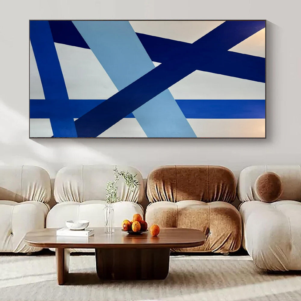 “Blue - White Intersecting Ribbons” – Abstract Geometric Ribbon Art CT0995