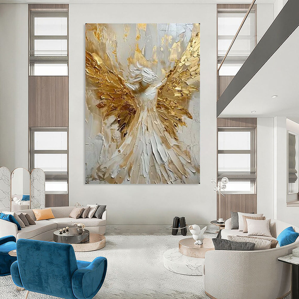 “Golden - Winged Angel” – Textured Religious - Inspired Oil Painting On Canvas CT2135