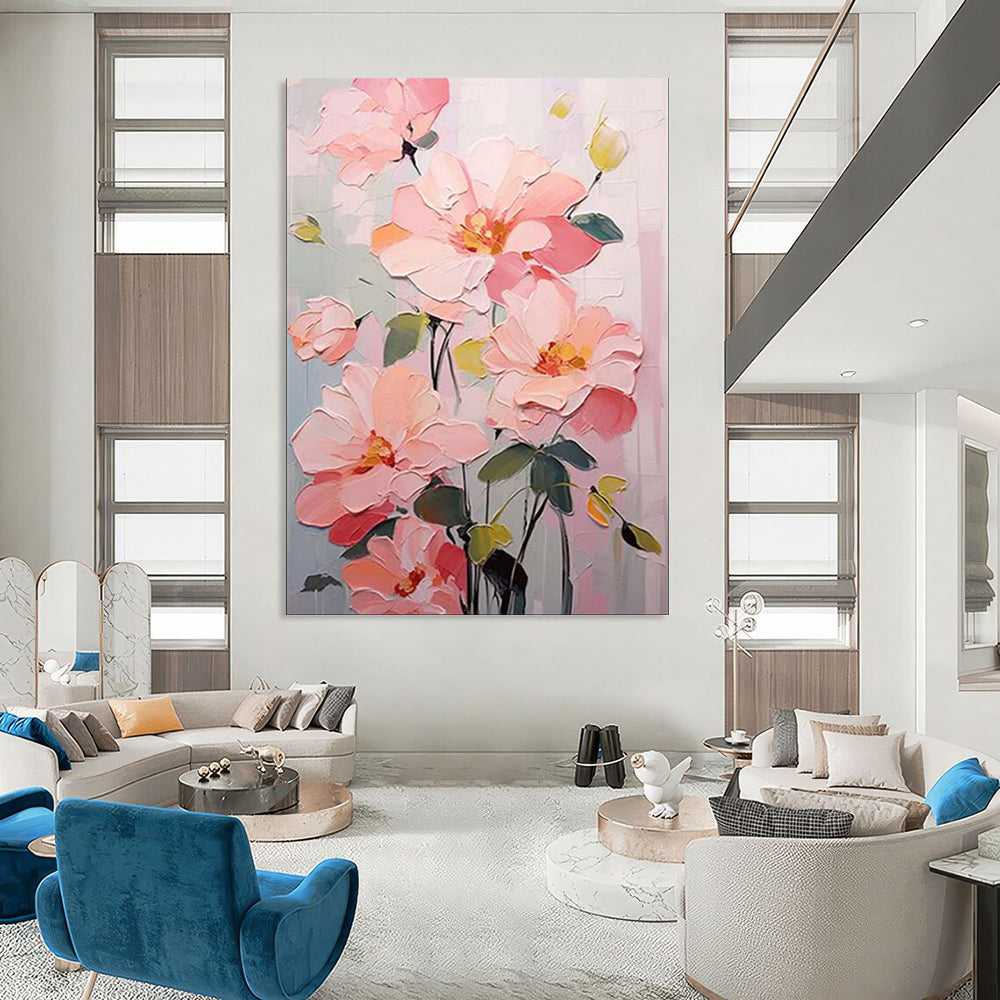 “Blush Blooms: Textured Floral Acrylic on Canvas” - Impasto Botanical Art CT1905