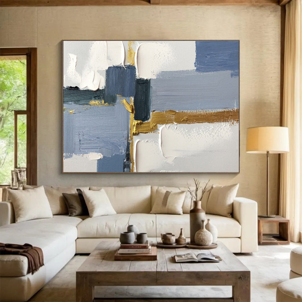 Geometric Blue and Gold Abstract Painting On Canvas DKH311