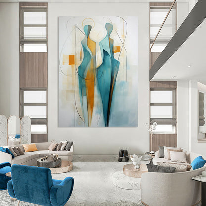 “Abstract Figures 2” - Blue, Orange & White Abstract Painting On Canvas CT2234