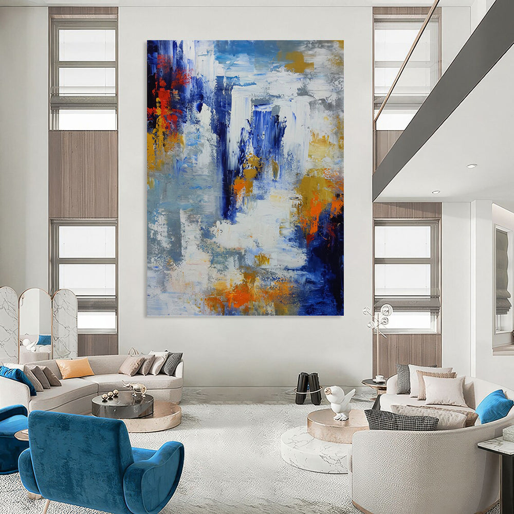 Vibrant Blue, White, and Orange Abstract - Abstract Painting On Canvas DKH1338