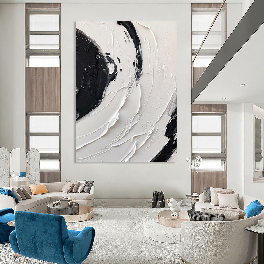 “Swirling Black - White Impasto” - Abstract Expressionist - Style Painting On Canvas DKH1677