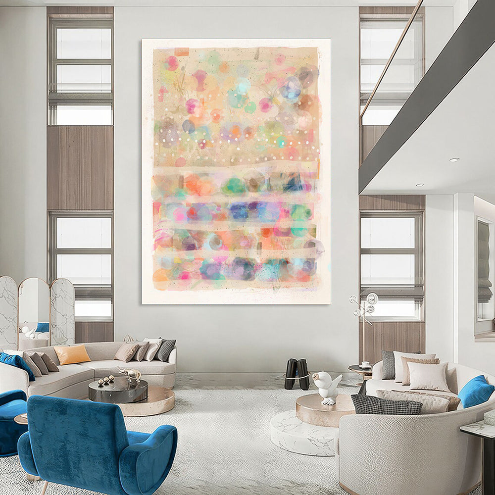 Pastel Dots, Striped Layers - "Dreamy Dotscape" - Mixed - media Abstract Art CT1827