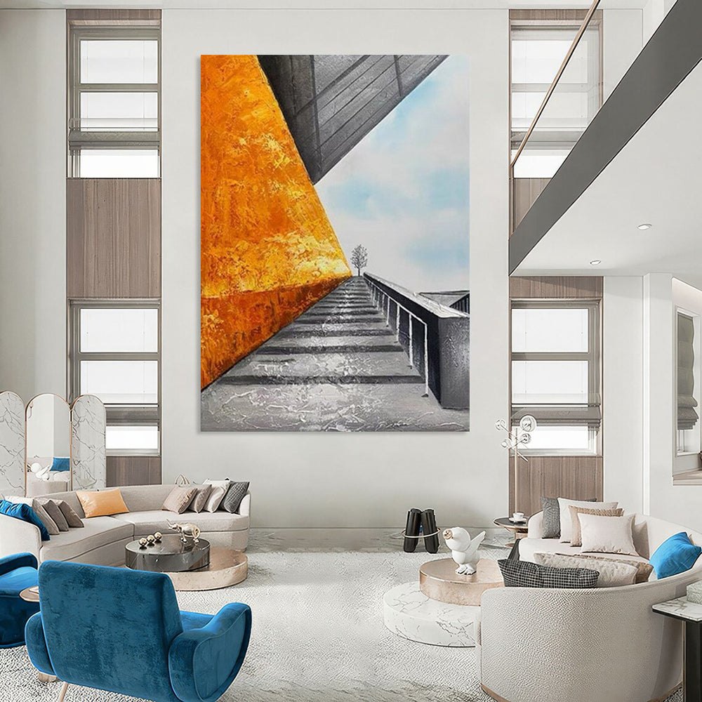 “Golden - Gray Architectural Path” - Orange, Gray, Blue Architectural Scene Painting On Canvas DTP281