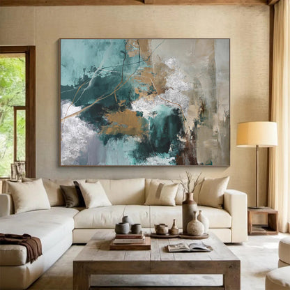 “Teal - Gold Abstract Pathways” Abstract Acrylic Painting On Canvas DKH513