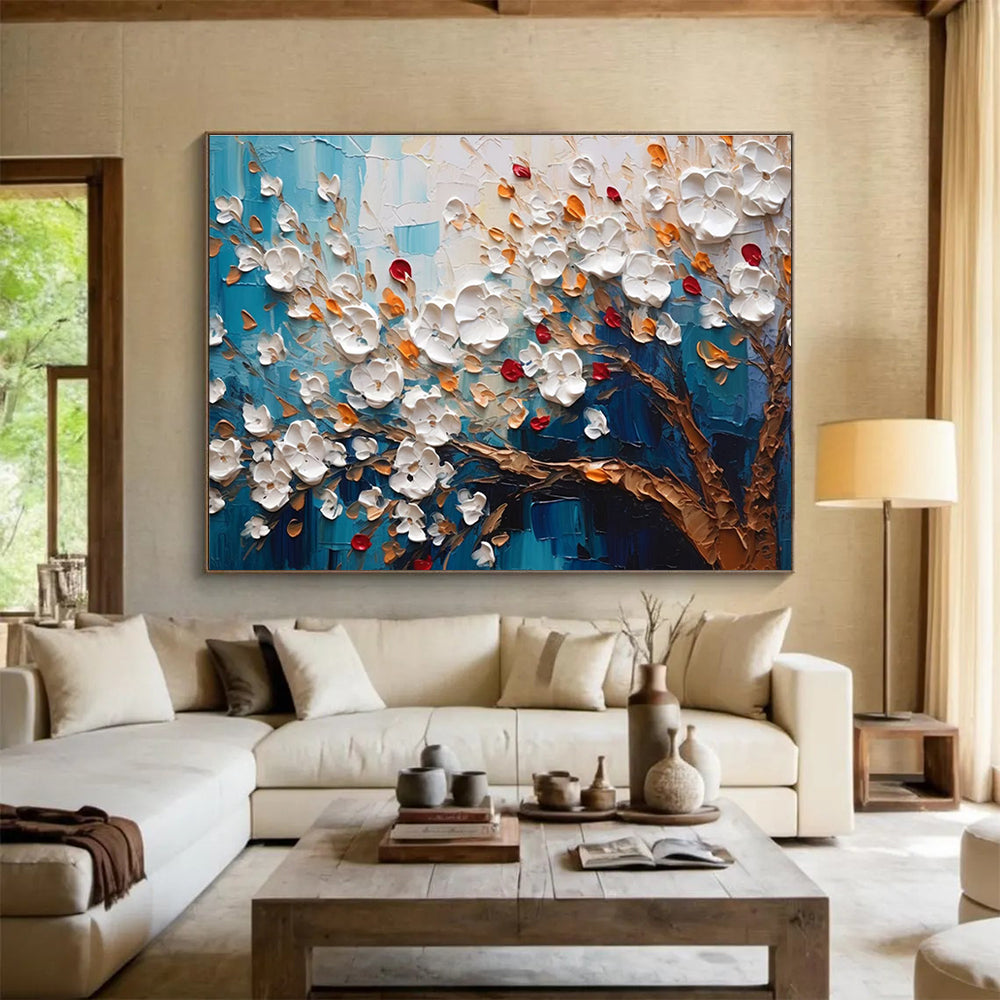 Textured White Flower Tree - White, Orange, Red & Blue Floral Painting On Canvas DKH888