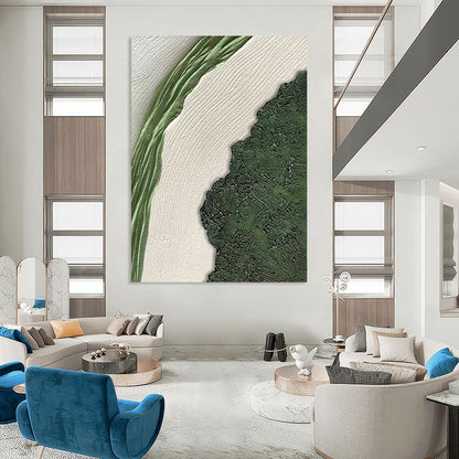 “Green, White, Textured Nature ‘Leafy Contrast’” - Minimalist Abstract Painting On Canvas DTP316