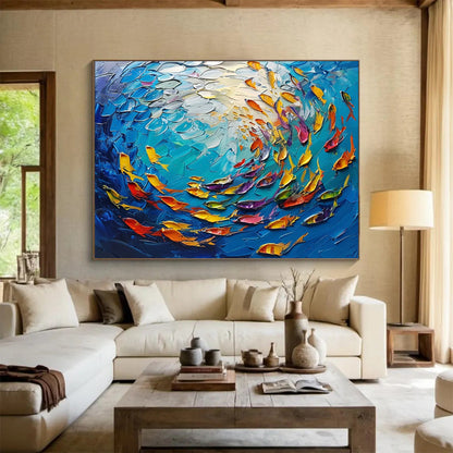 Textured Fish in Blue Sea - Impasto Marine Painting On Canvas DLZ199