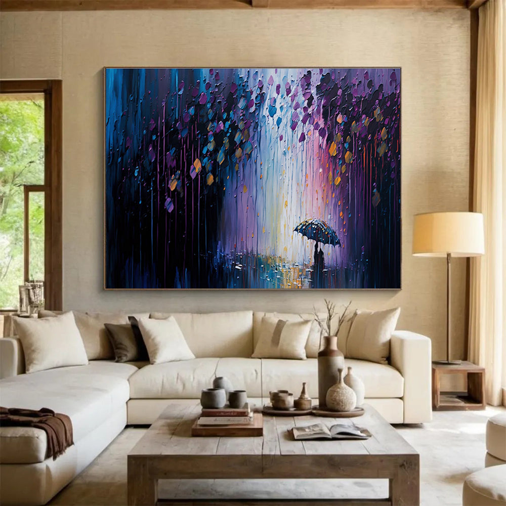 Rainy Night Stroll - Purple & Blue Impressionistic Cityscape Painting On Canvas DKH876
