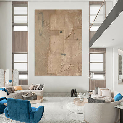 “Beige, Gray Textured Collage ‘Earthly Layers’” - Mixed - Media Abstract Painting On Canvas DTP336