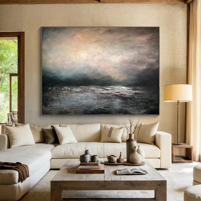 “Moody Sea at Dusk” - Dark Multicolor Impressionistic Seascape Painting On Canvas DKH769