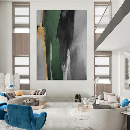 “Green - Gray - Gold Bold Strokes” - Green, Gray & Gold Abstract Expressionist Painting On Canvas DKH0932