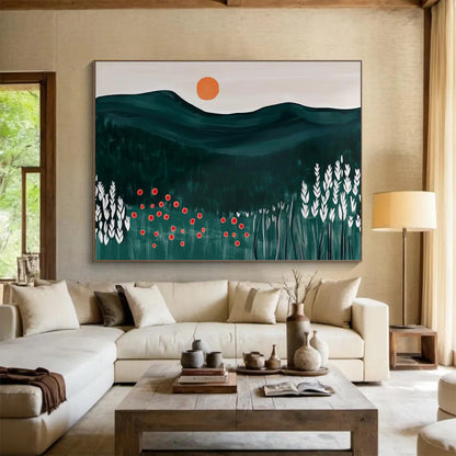 Minimalist Mountain Sunset Folk - Art Painting On Canvas DKH224