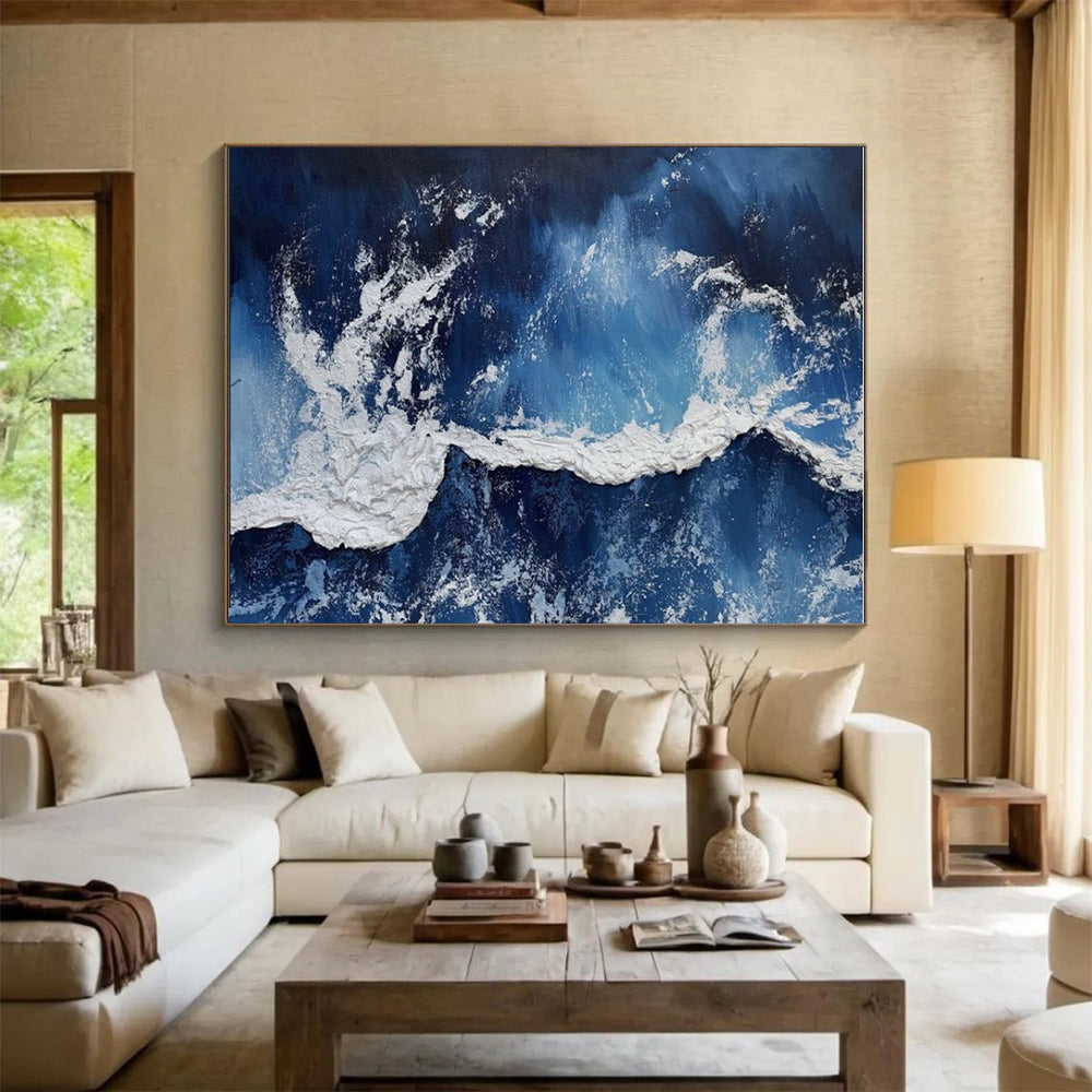 “Dynamic Blue and White Waves”，Abstract Impasto Style CT0669