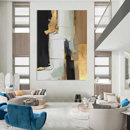 “Gilded Urbanity” - Black, Gold, Beige & Green Abstract Cityscape - Inspired Painting On Canvas DKH1524