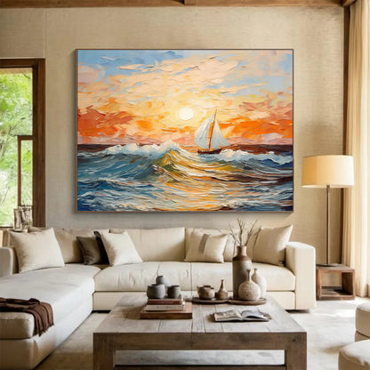 Sailboat at Sunset - Impressionistic Seascape Painting On Canvas DKH625